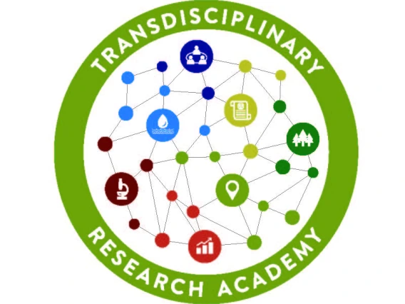Transdisciplinary Research Academy sticker with image of many nodes and connections across disciplines and areas of expertise.